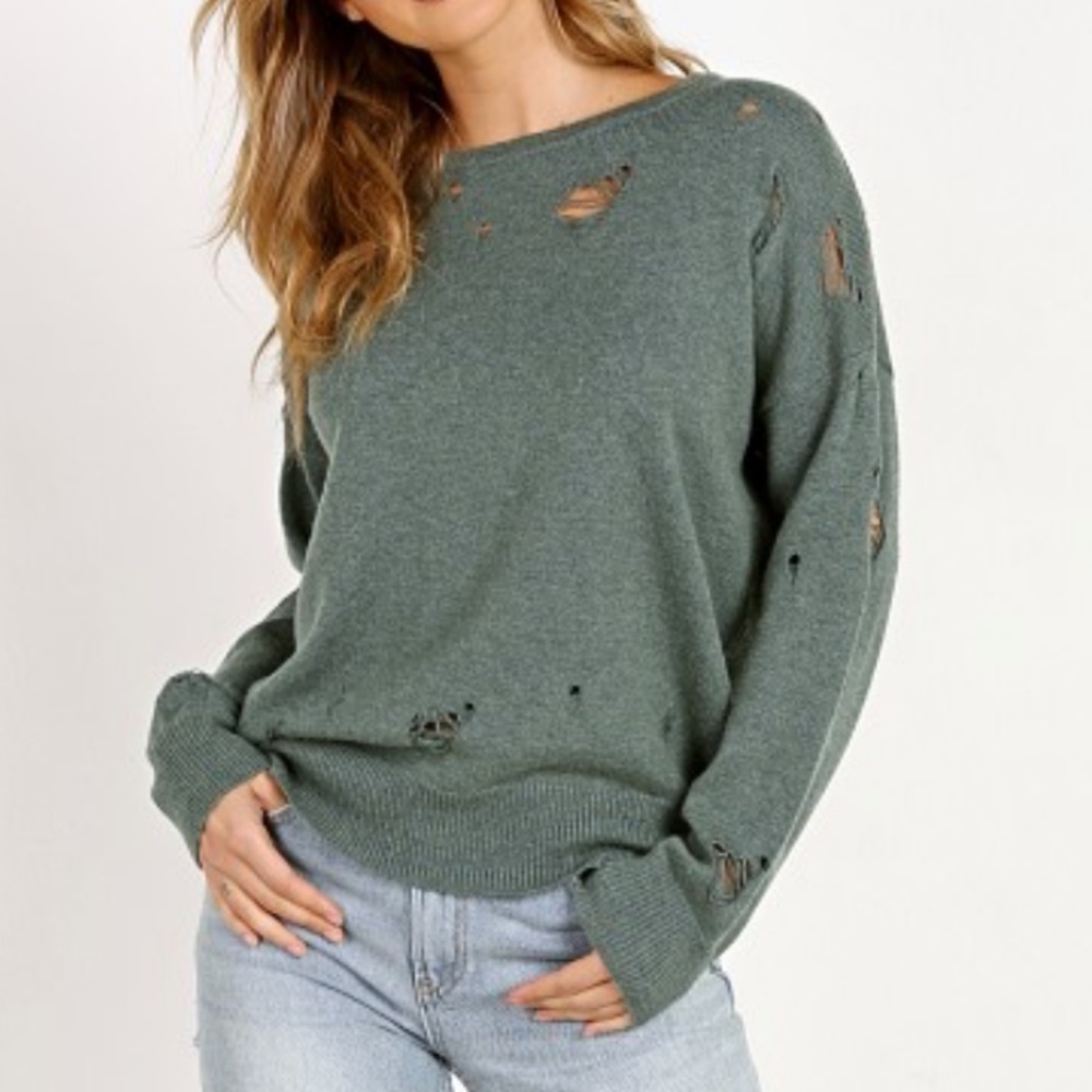 LNA Carlton Merino Wool Cotton Distressed Sweater: Astoria Forest Green